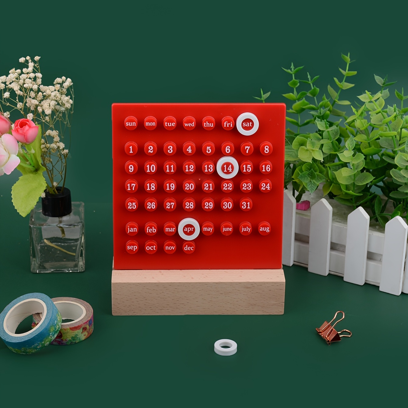 Red Ring Perpetual Calendar Wooden Base Creative Office - Temu