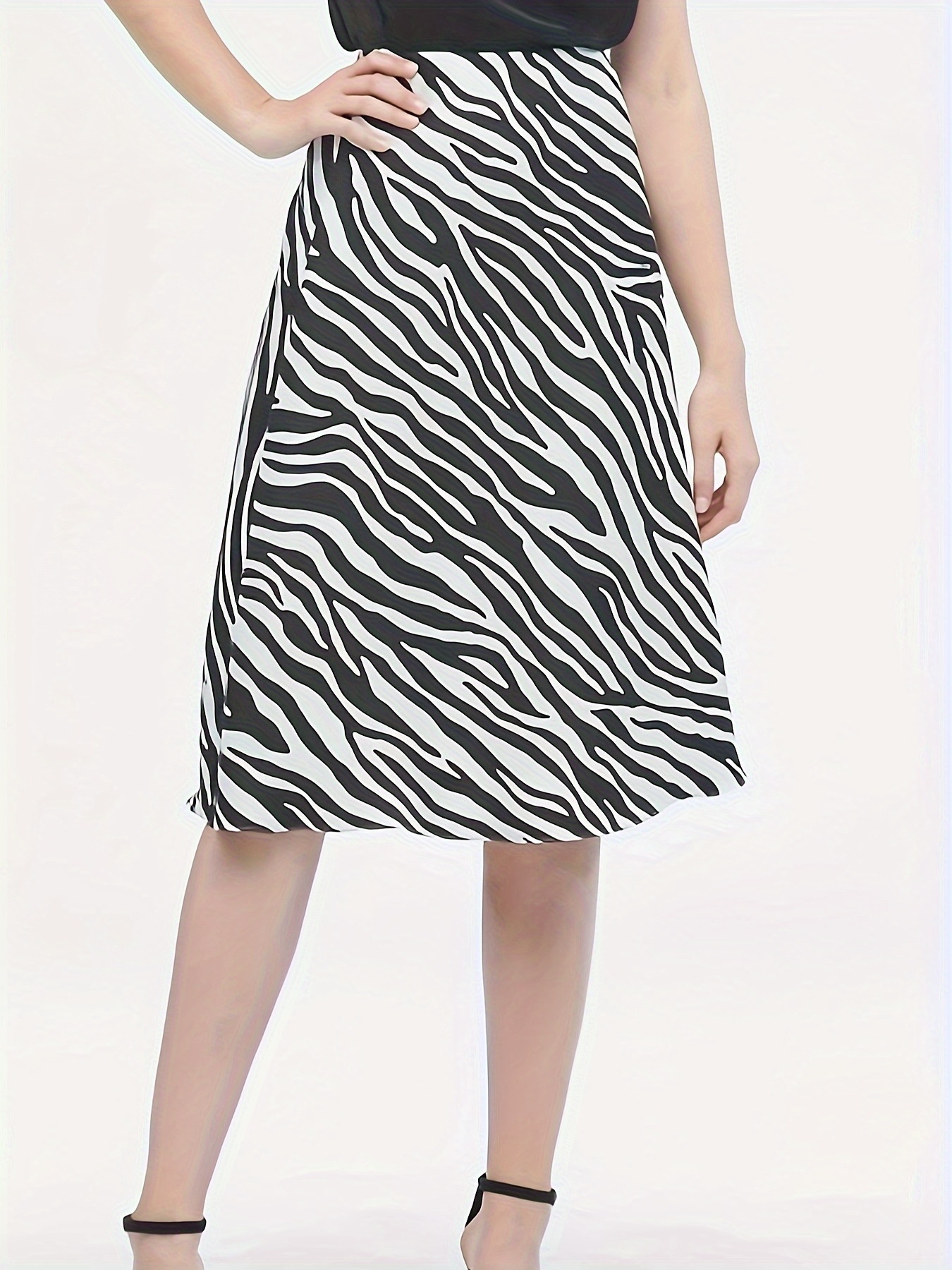 Zebra Print High Waist Skirt, Elegant Midi A-line Skirt, Women's Clothing