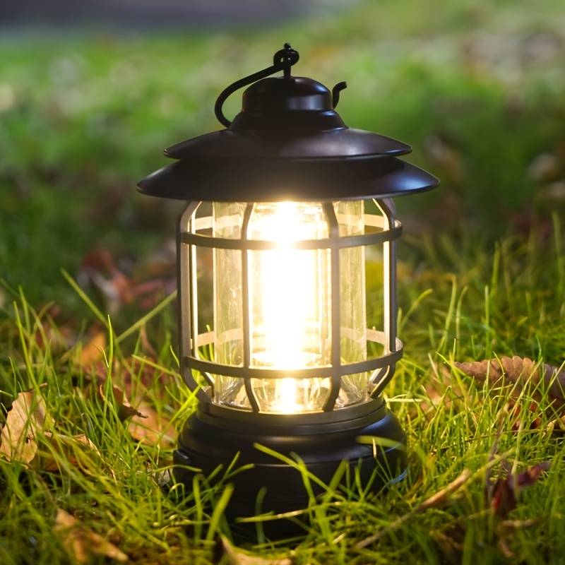 1pc retro rechargeable camping lantern portable tent table lamp with hanging hook ideal for outdoor adventures garden decor battery or usb charging 5