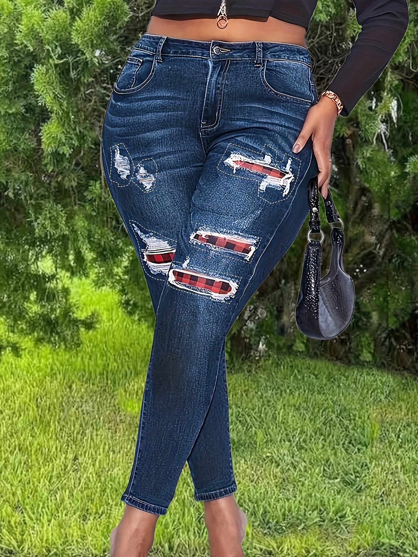 Jeans Casuales De Talla * Jeans Ajustados De Tiro Alto Con Botones Rasgados  Y Estampado De Letras Para Mujer