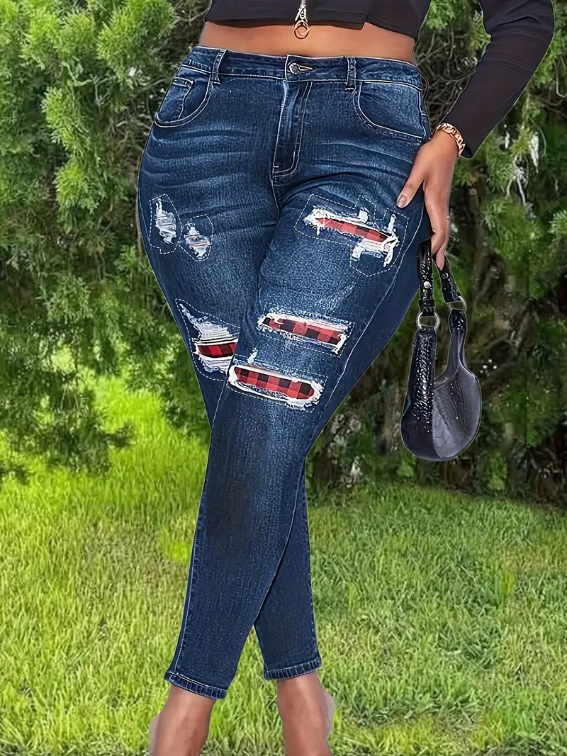 womens casual jeans plus size colorblock plaid print ripped button fly high rise high stretch skinny jeans details 1