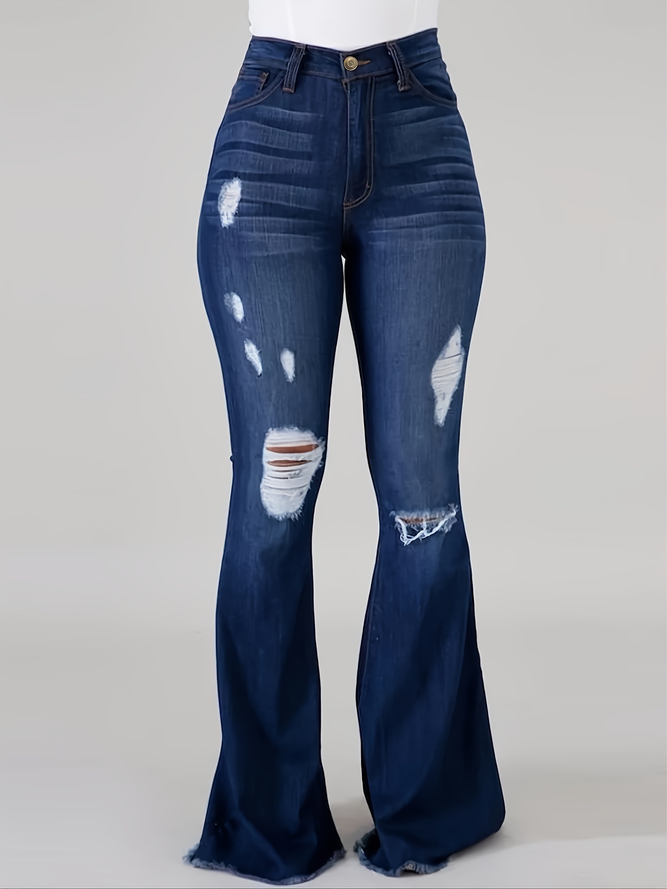 Ripped Holes High Waist Flared Jeans, Bell Bottom Shape Wide Legs * Trim  Distressed Denim Pants, Women's Denim Jeans & Clothing