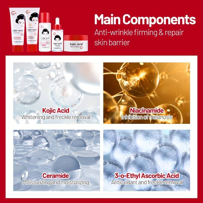kojic acid skin care 5pcs set contains vitamin c and ceramide moisturizing and rejuvenating the skin making the skin smooth and delicate details 2