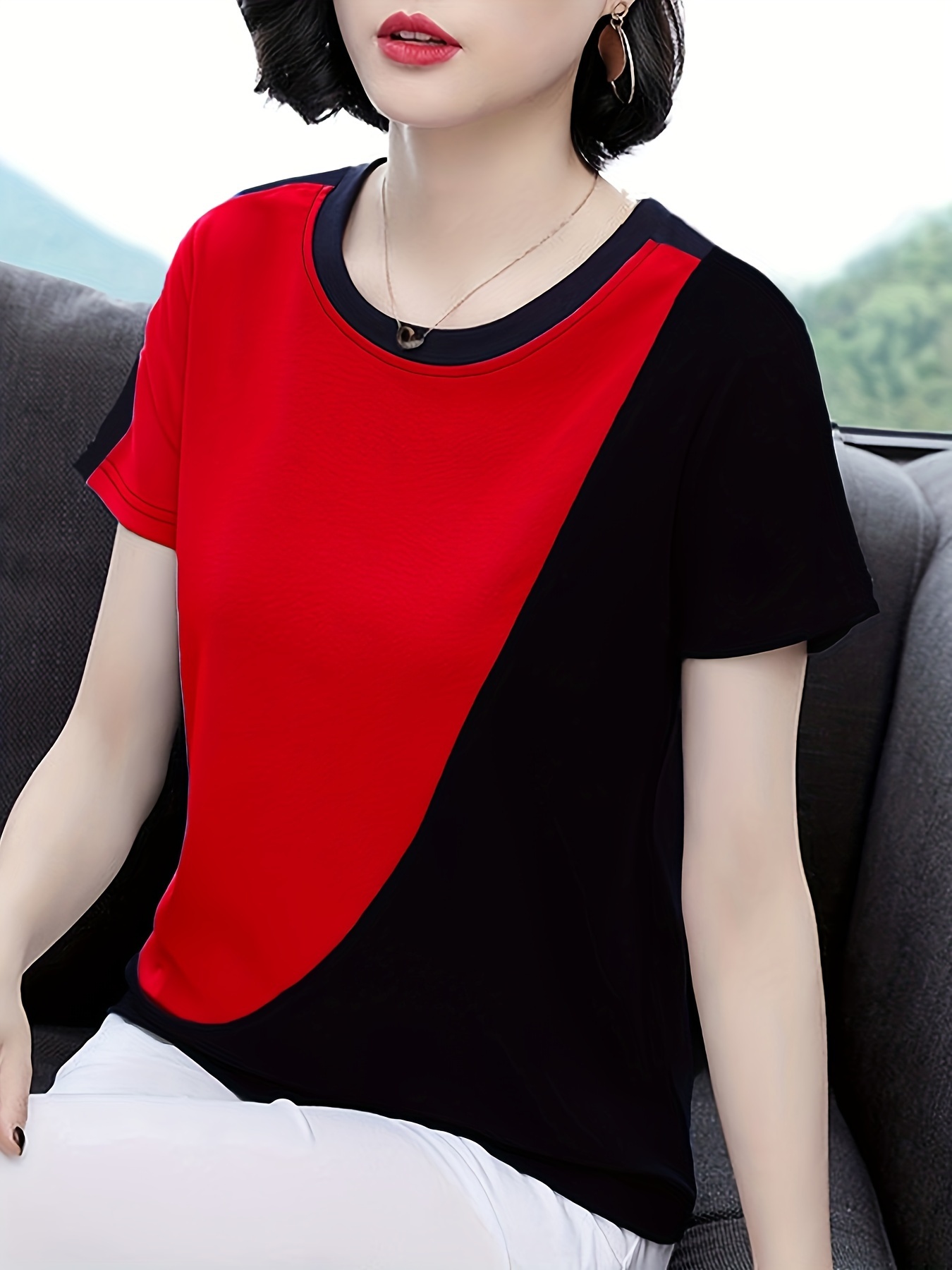 Camiseta Cuello Redondo Bloque Color Camiseta Sencilla - Temu
