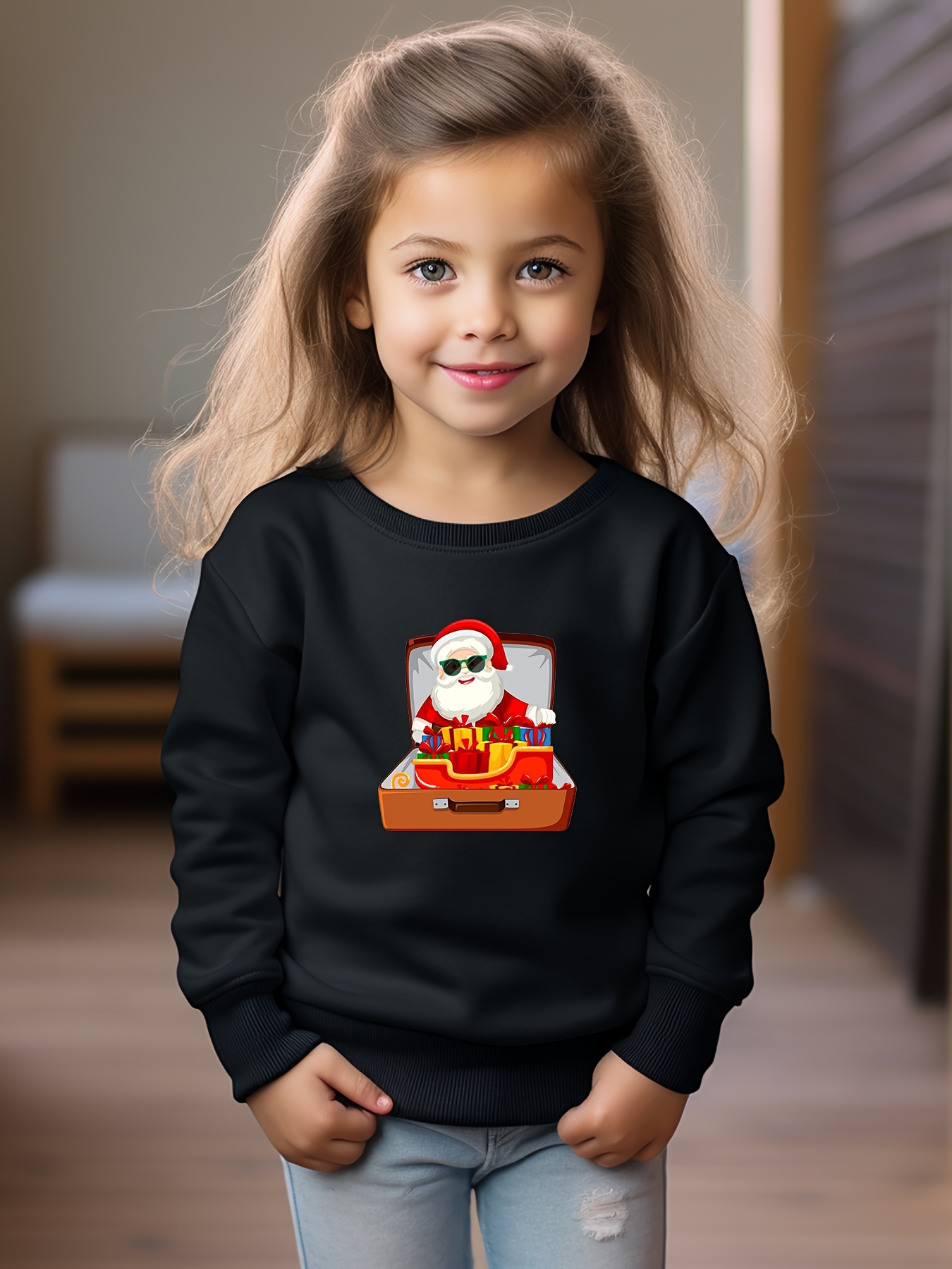 Cute Santa In Box Print Girls Casual Creative Pullover - Temu Philippines