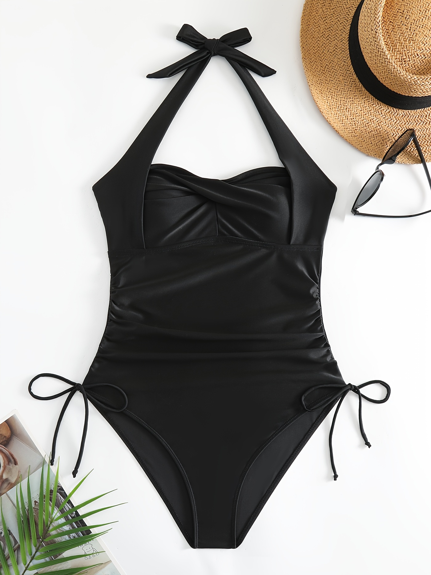 Halter Ruched Tankini Stretchy Tie Neck Backless Swimsuit - Temu