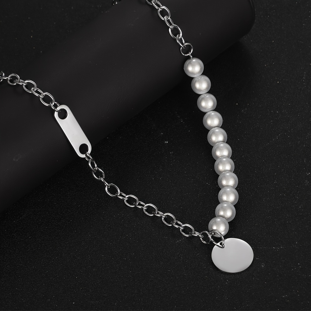 Men's Faux Pearl Stainless Steel Chain And Reflective Bead