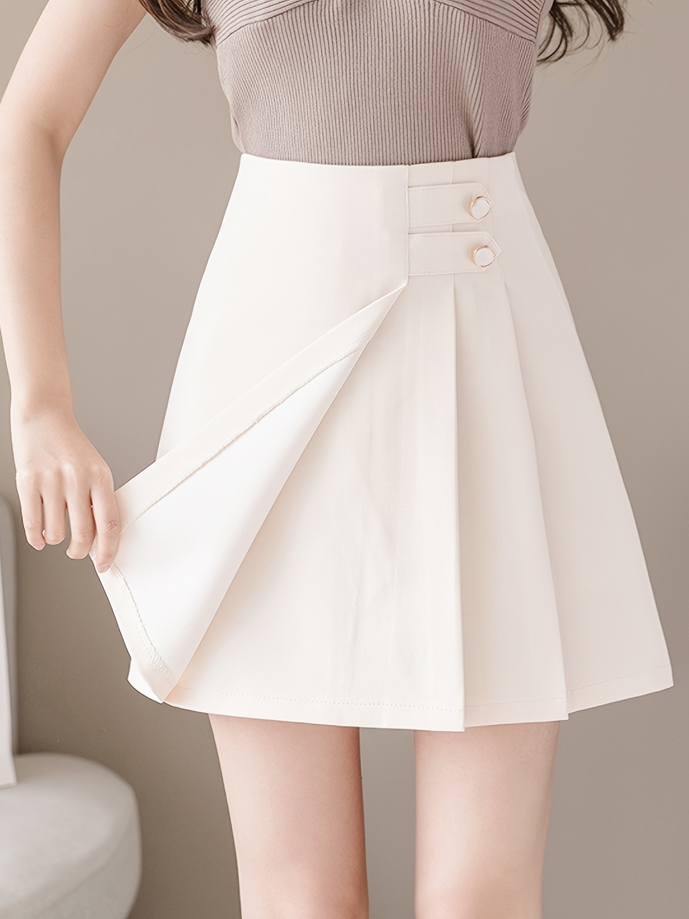 Preppy Asymmetrical Pleated Hem Skirt, Casual Solid Every Day Skirt,  Women's Clothing
