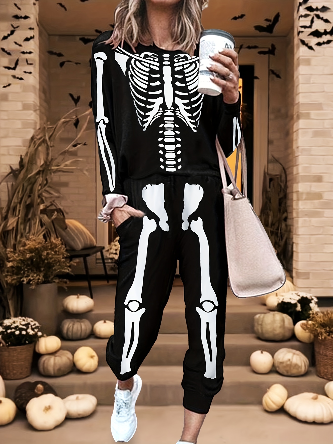 Halloween Skeleton Print Pants Casual Elastic Waist Jogger - Temu