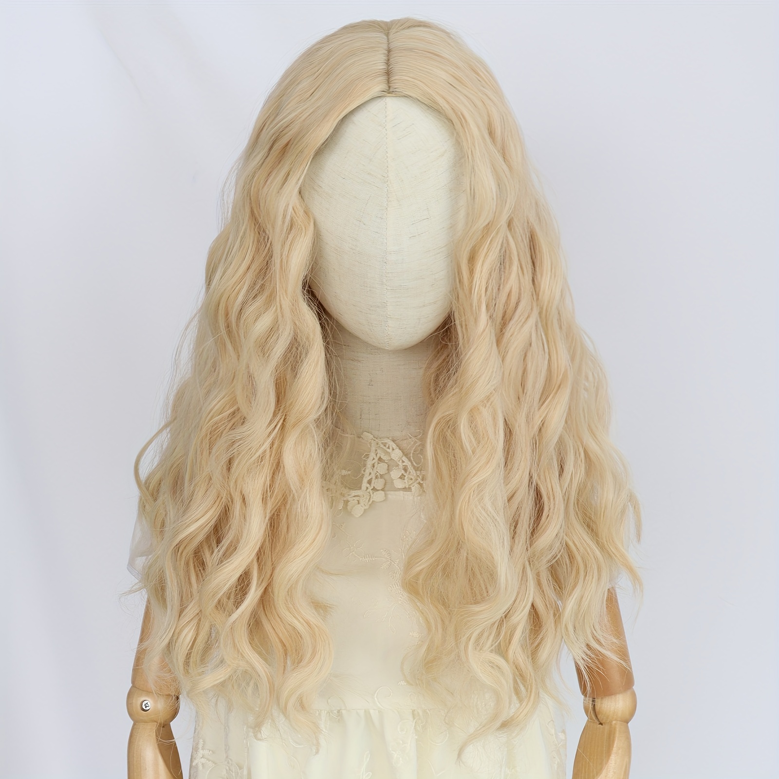 Curly Wavy Medium Length Blonde Wig Synthetic Hair No Bangs Temu