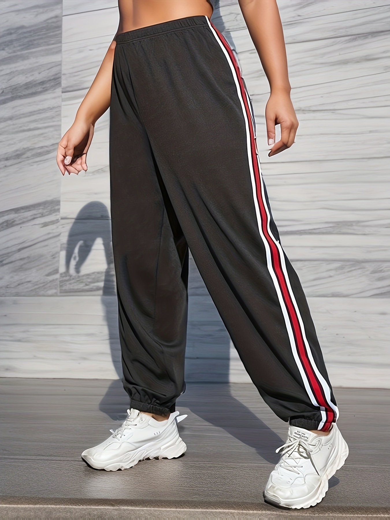 Women's Sports Pants Set Plus Size Contrast Striped High - Temu