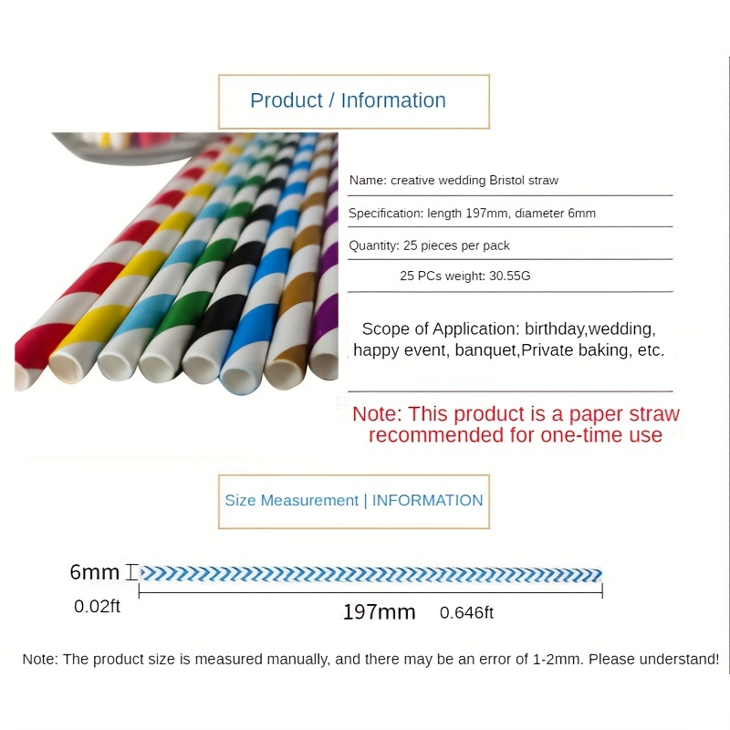 100pcs Striped Paper Straws Disposable Drinking Straws - Eco-Friendly