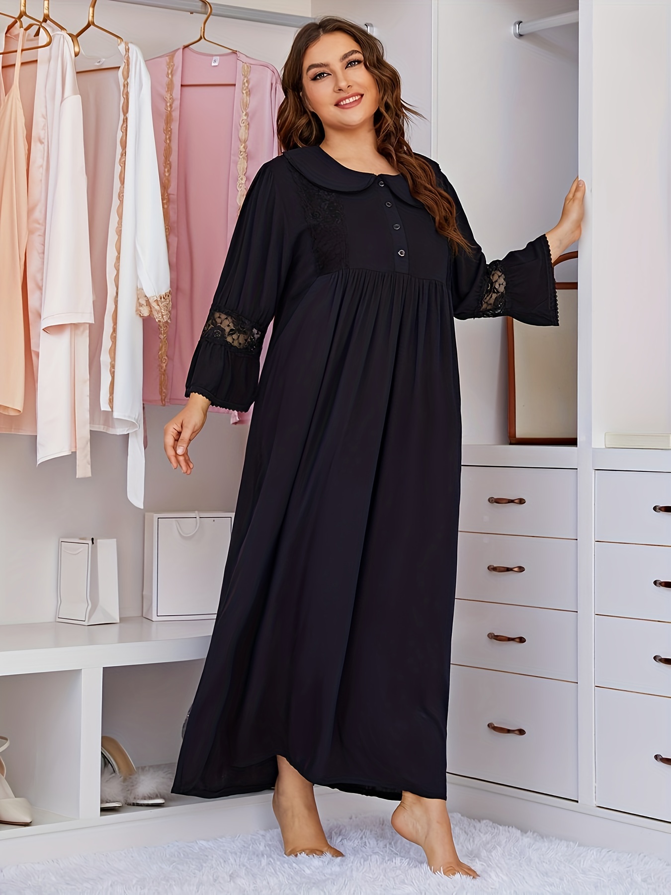 Plus Size Satin Contrast Lace Nightgowns Women's Plus Long - Temu