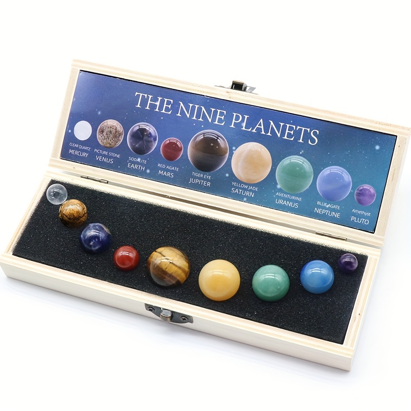 

9 Planets Natural Crystal Specimen Luxury Set, Natural Stone Science Popularization Universe Galaxy Solar System Tabletop Ornament, Mineral Specimen Collection Gift Box, Special Jewelry Decorations