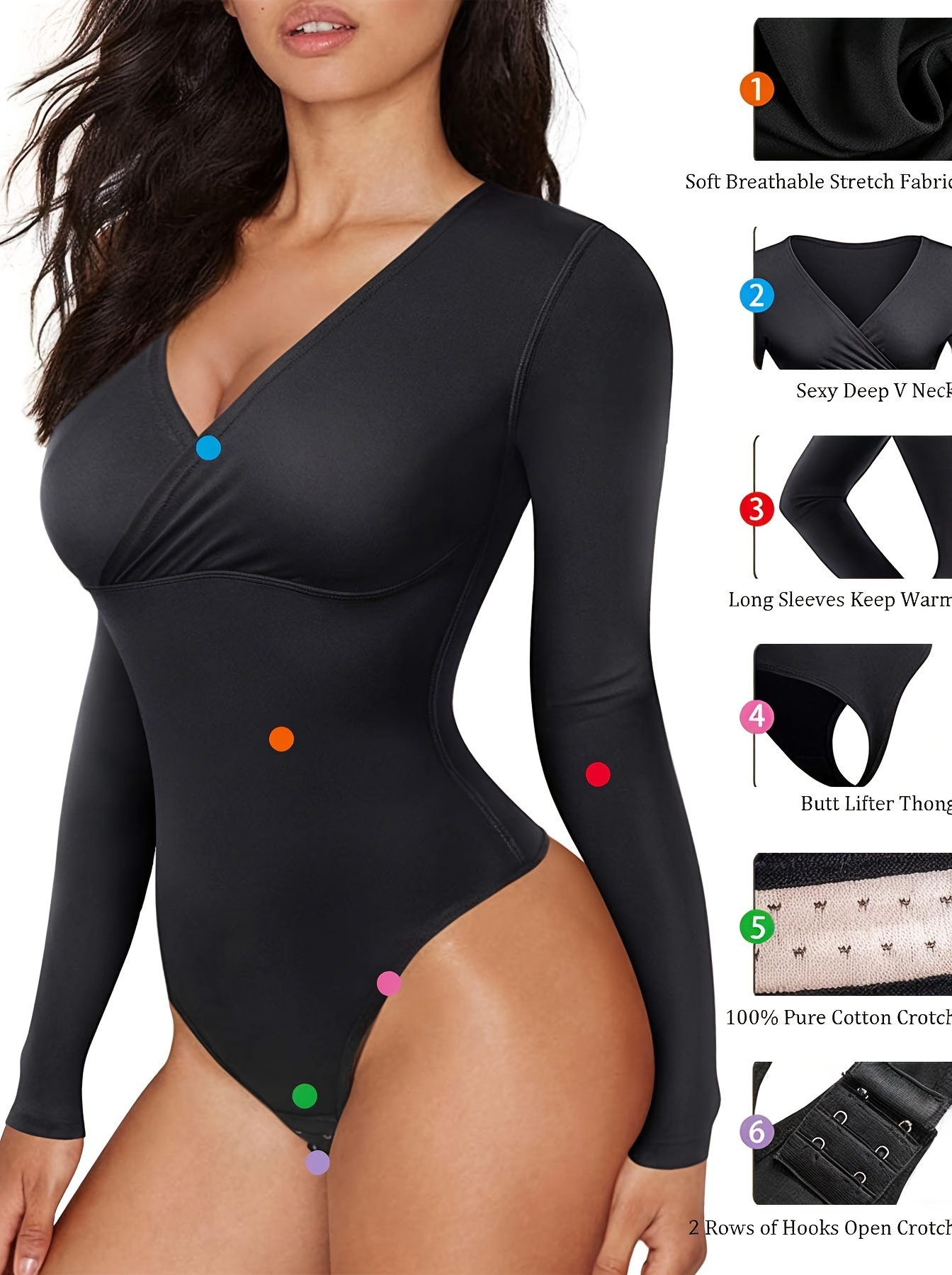 Bodysuit for Women Long Sleeve Thong Bodysuit Tummy Control Deep V