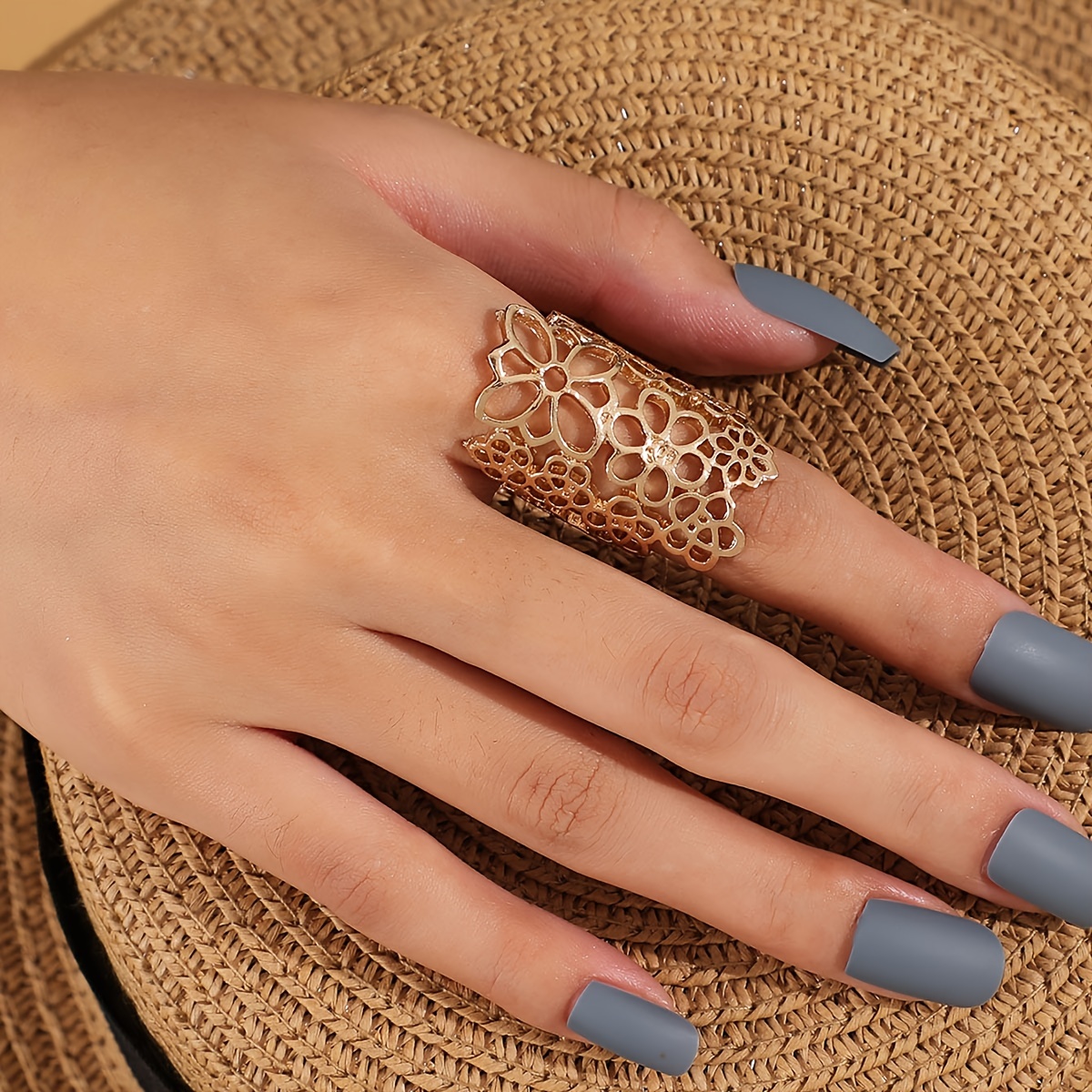 Exaggerated Long Hollow Open Ring, Silver Plated Adjustable Ring