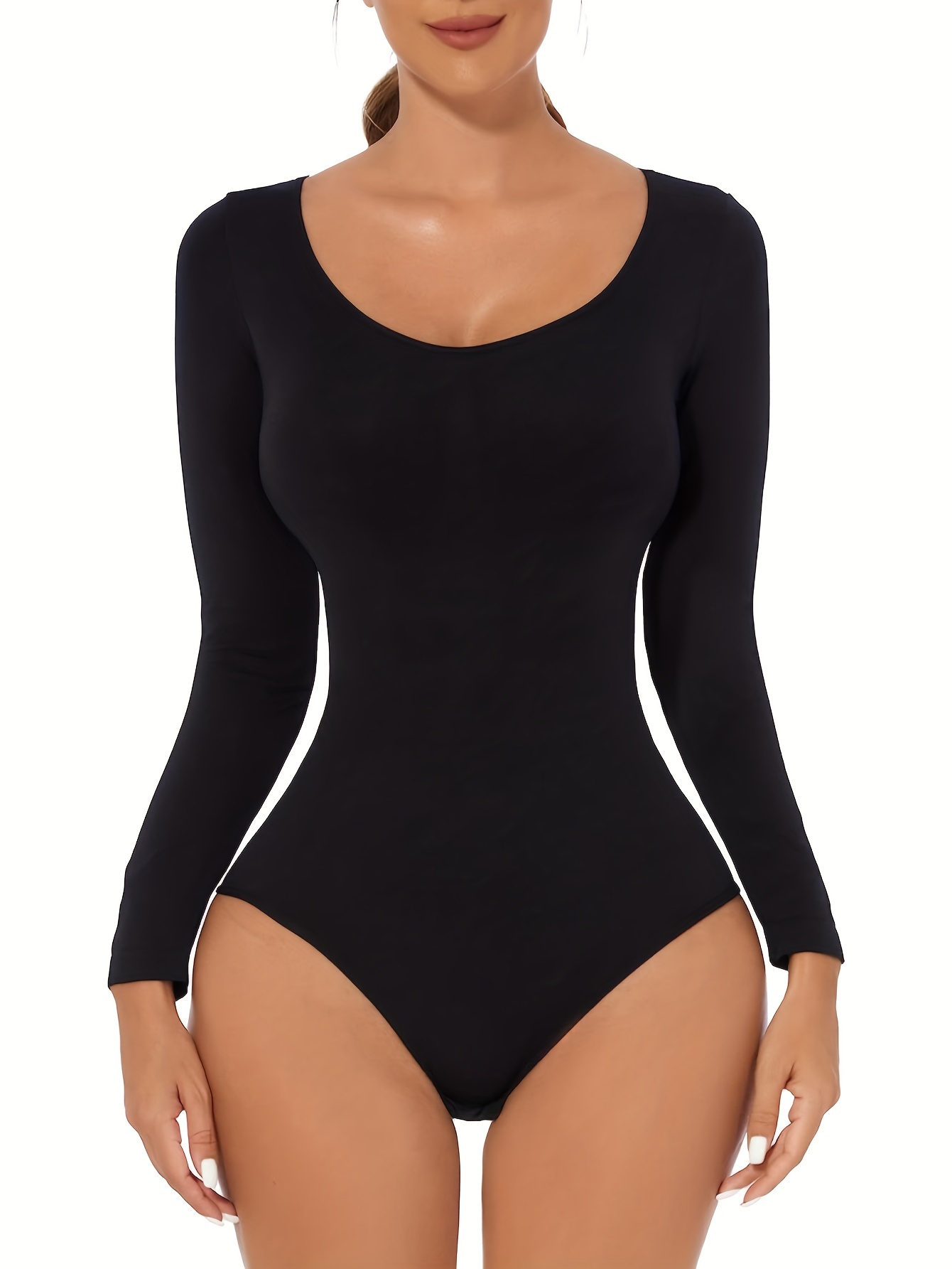 Seamless Solid Shaping Bodysuit Long Sleeve Crew Neck - Temu Canada