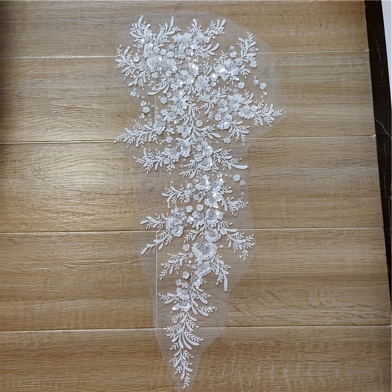 2 Pieces 3D Silver Thread Beaded Sequin Lace Applique Flower Patch Applique  Wedding Dress Accessories