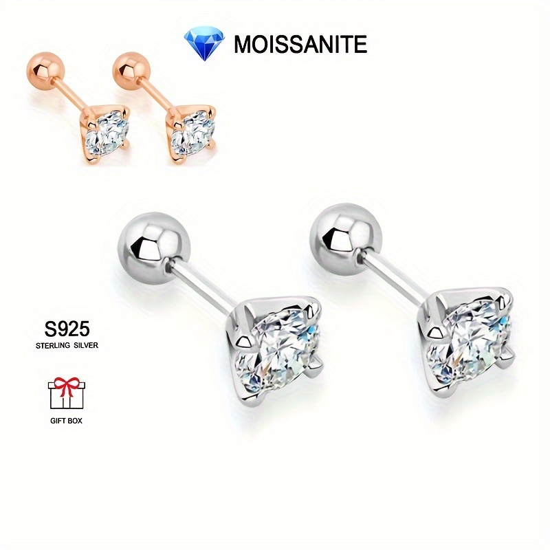 

925 Sterling Silver 0.3 Carat*2/0.5 Carat*2/1 Carat*2 Moissanite Four- Screw Earrings, Couple's Birthday, Valentine's Day, Anniversary, New Year's Gift, , Date, Vacation, Travel Party, Gift Box