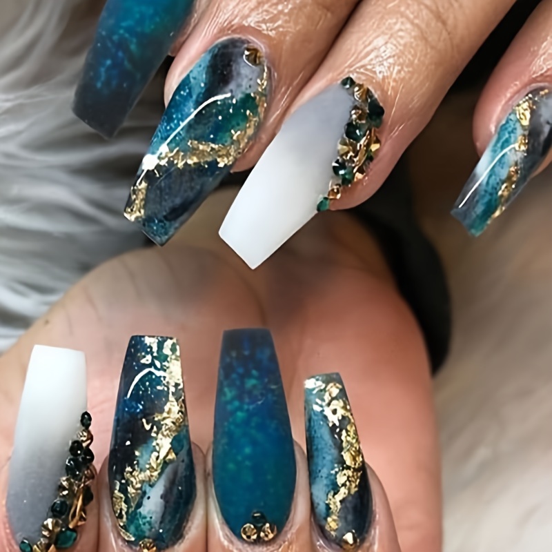 

Sparkle Blue Gradient Press On Nails, Marble Print Fake Nails With Golden Foil And Rhinestone Decor, Medium Long Ballet Shape False Nails For Women Girls