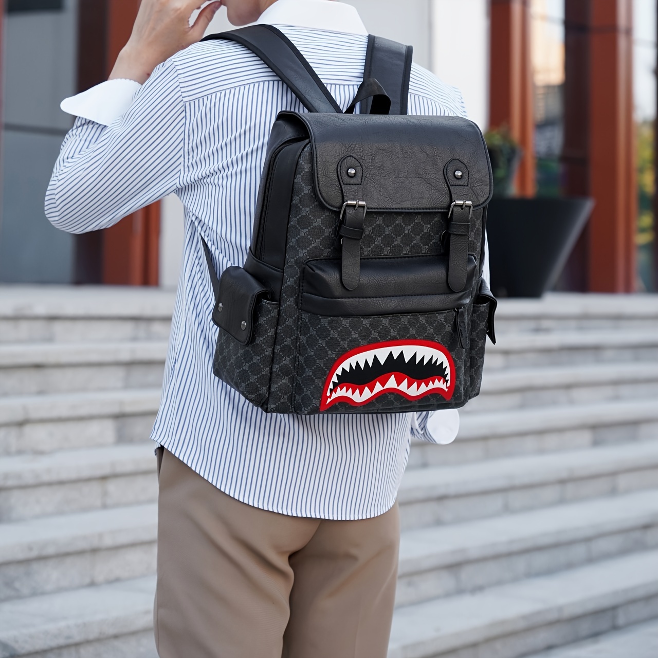 Large Capacity Shark Retro Print Backpack, Oxford School Daypack