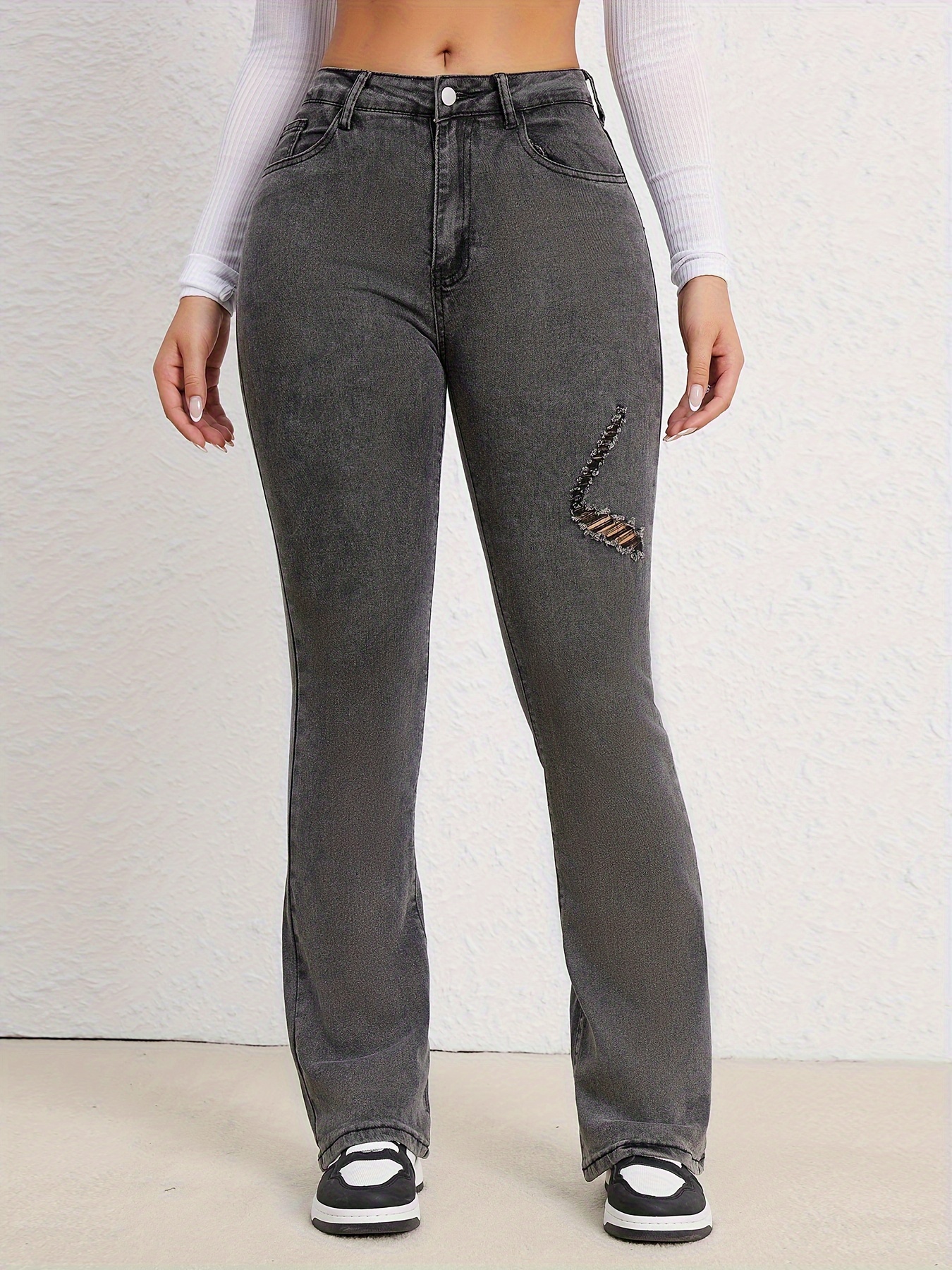 Dark Grey Ripped Flared Jeans, Slash Pockets Bell Bottom High-Stretch Denim  Pants, Women's Denim Jeans & Clothing