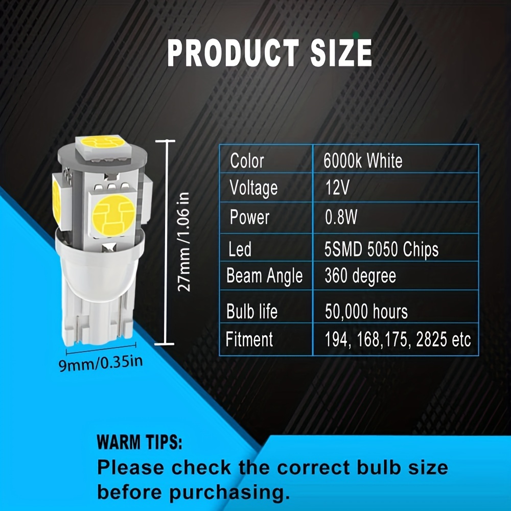 TIDO 194 bombillas LED 6000K 168 T10 2825 5SMD bombillas LED de repuesto  para coche, cúpula de mapa, puerta, luces de matrícula (paquete de 10)