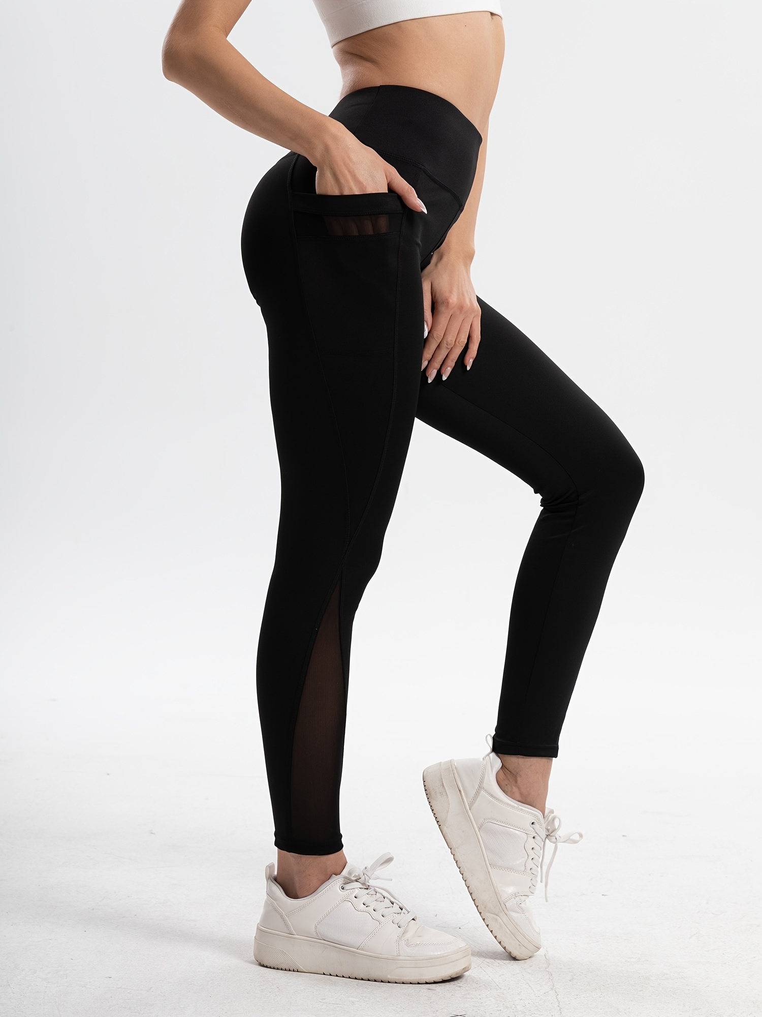 Breathable Yoga Leggings with Phone Pocket and Soft Mesh Contrast - Women's  Fitness Pants