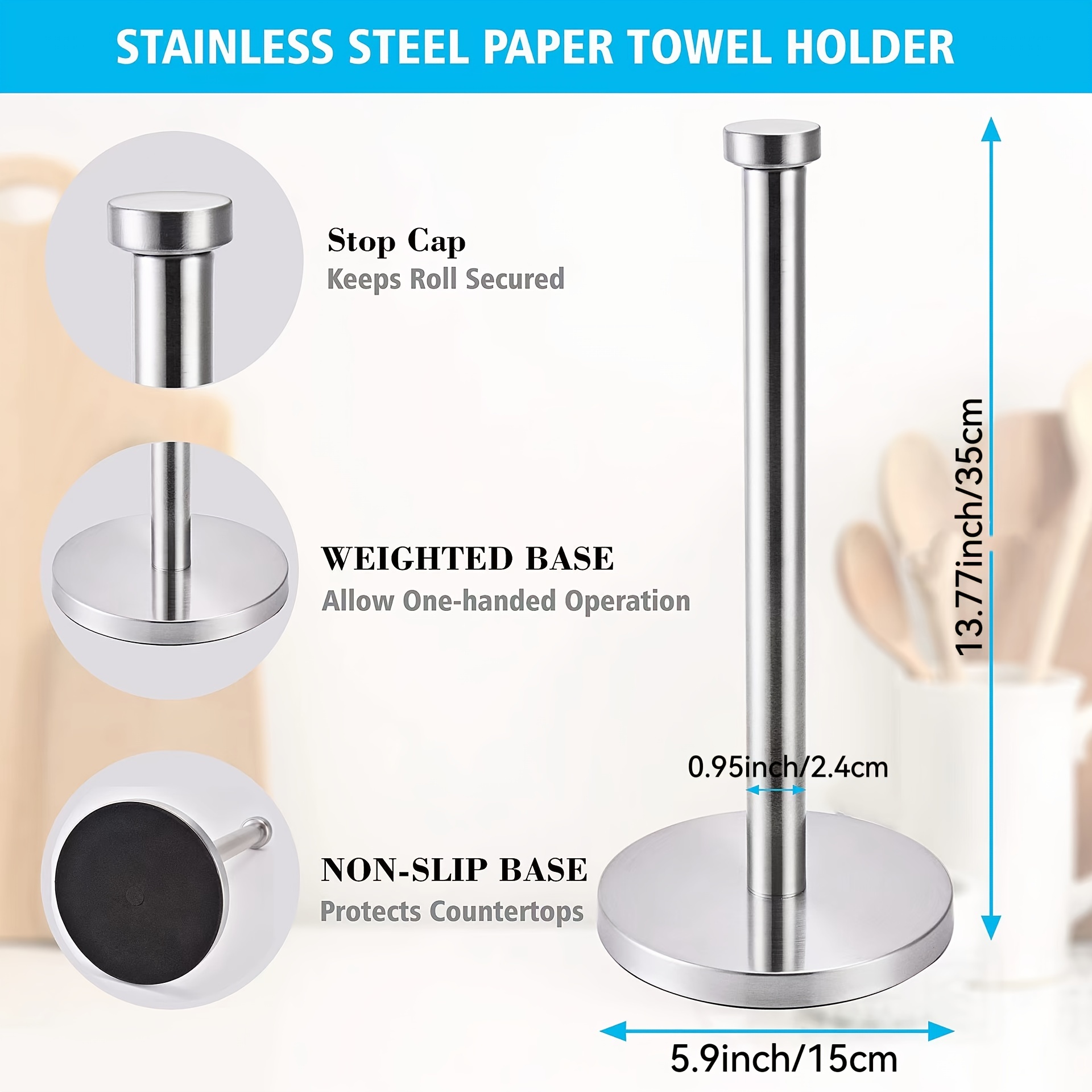 BWE Paper Towel Holder Dispenser Standing with Weighted Base Spring Arm for Kitchen, Bathroom, Bedroom in Stainless Steel, Brushed Nickel