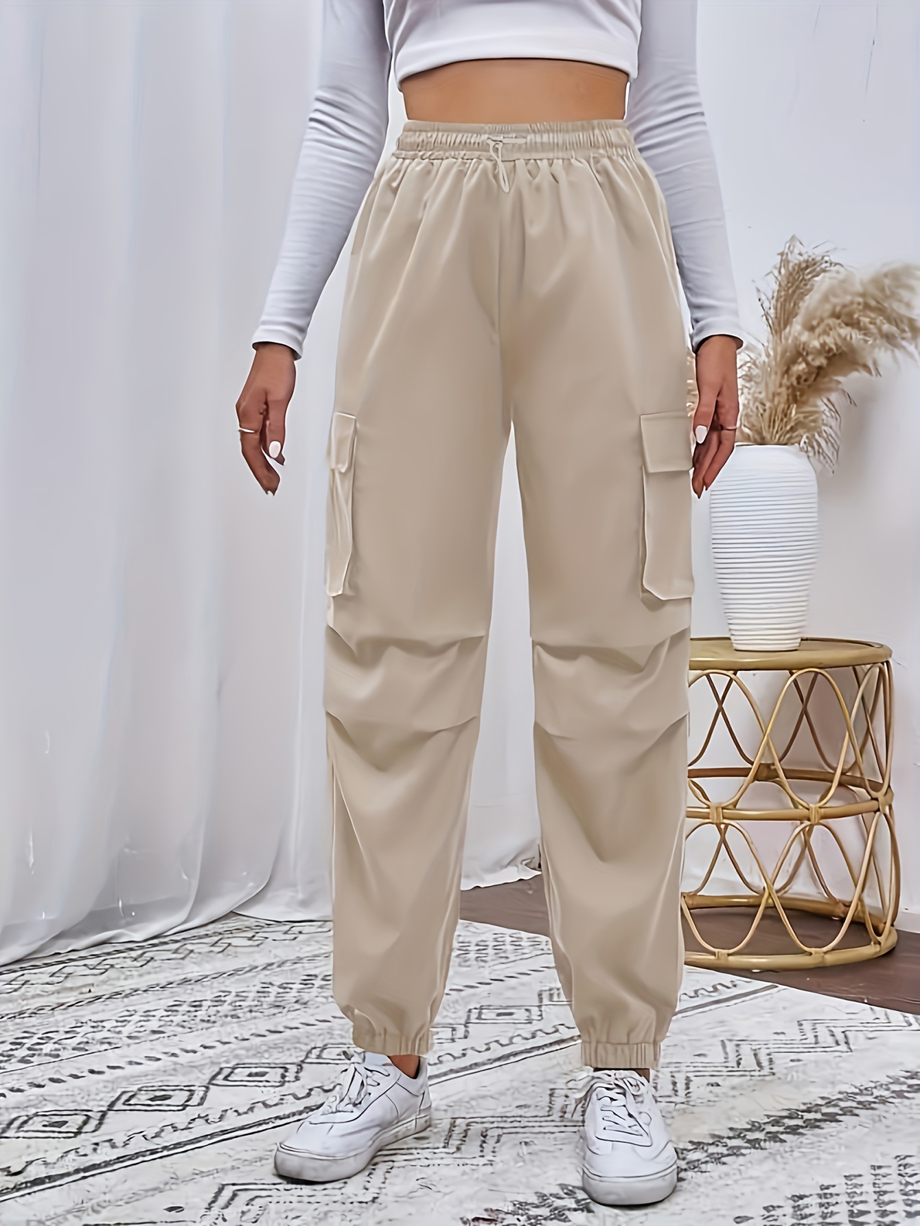 Y2K Flap Pocket Jogger Cargo Pants, Solid Drawstring Pants For All Season,  Women's Clothing