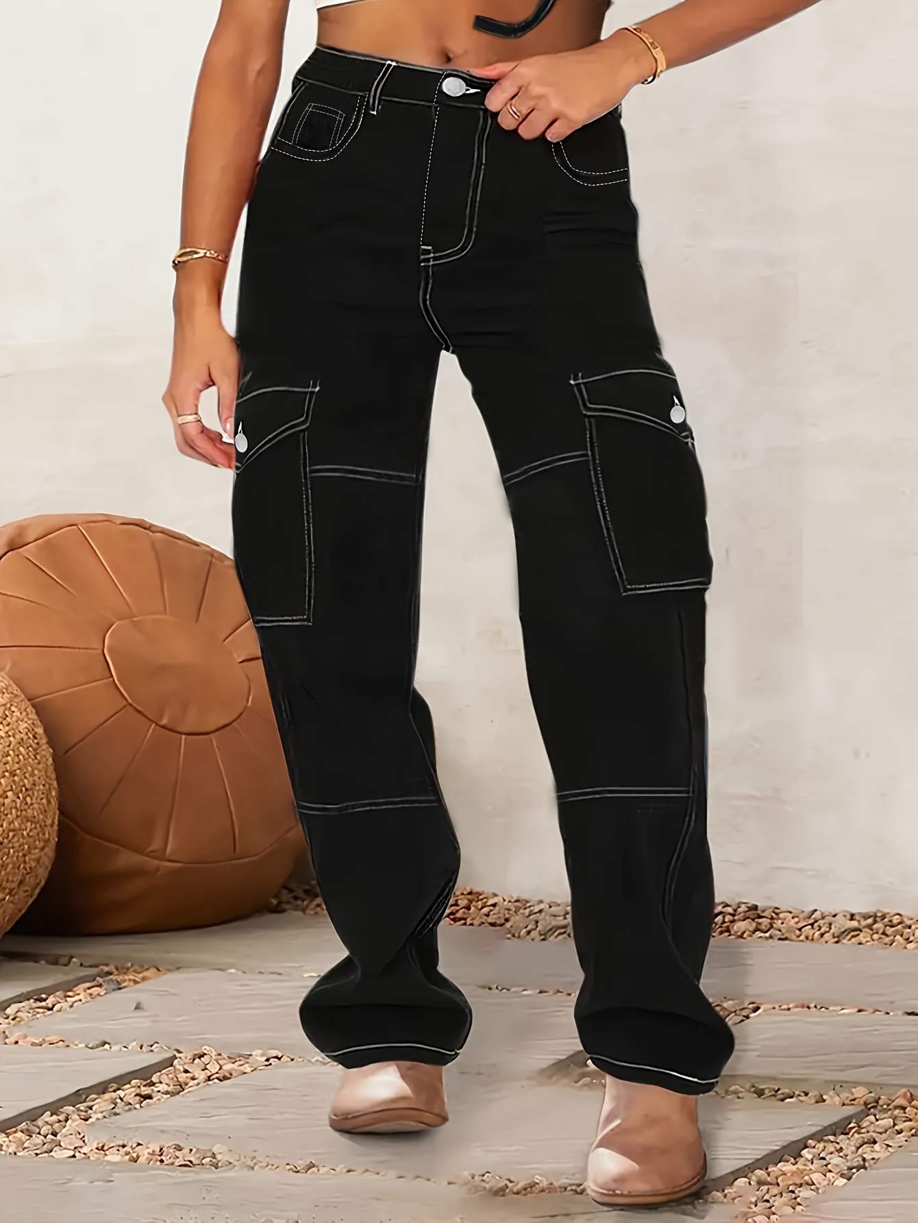casual black denim baggy pants for girls and womens.