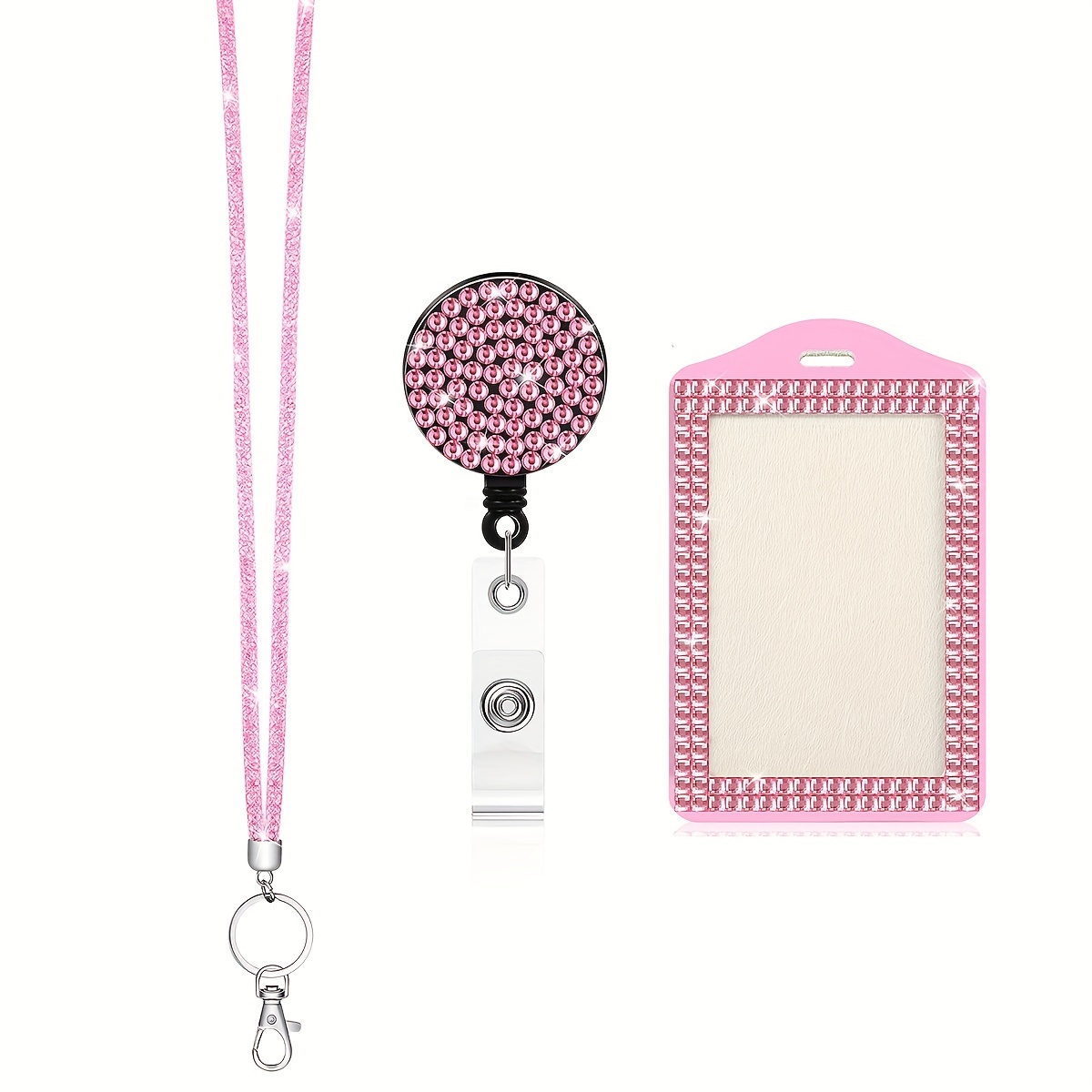  Fashion Romantic Pink Heart Design Crystal Neck  Lanyard,Exclusive Retractable Bling ID Badge Holder,Rhinestone Work Badge  Reel Clip for Women(Pink Heart,1PC) : Office Products