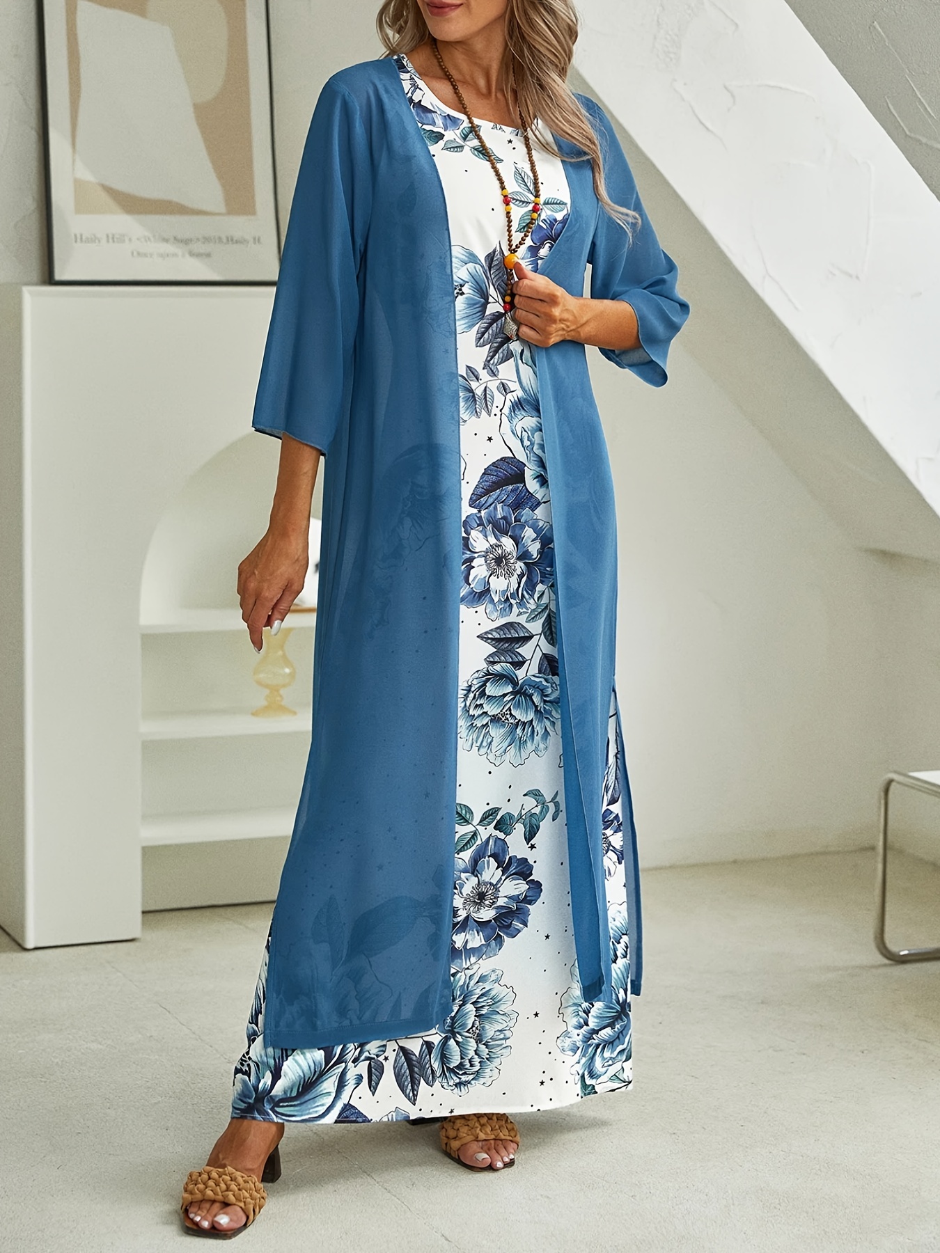 Vestido largo con estampado floral Conjunto de dos piezas de kimono con parte delantera abierta azul, elegante atuendo junto a la playa, ropa de mujer