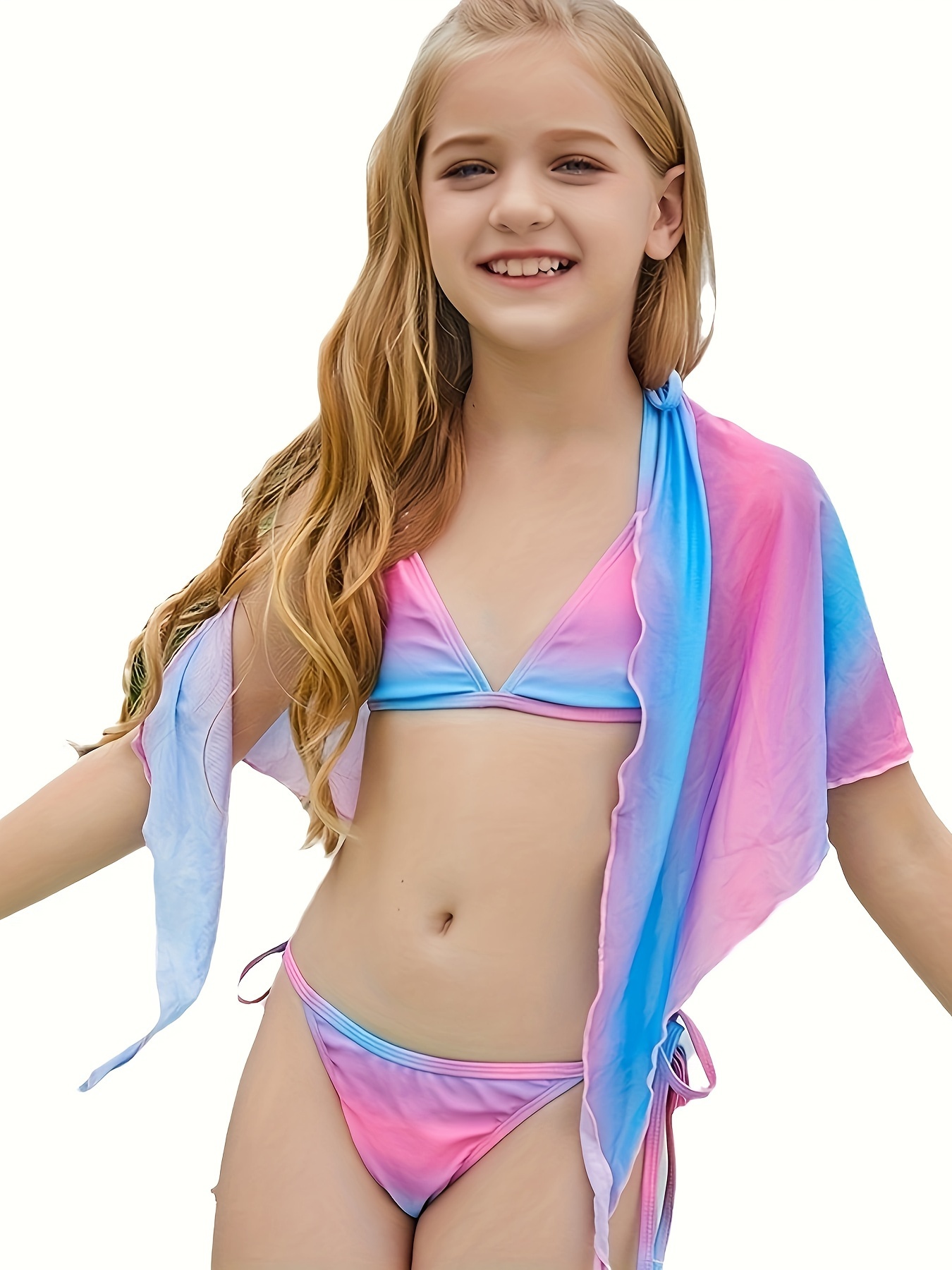Tween Girl Coconut Tree Print Ruffle Trim Bikini Swimsuit