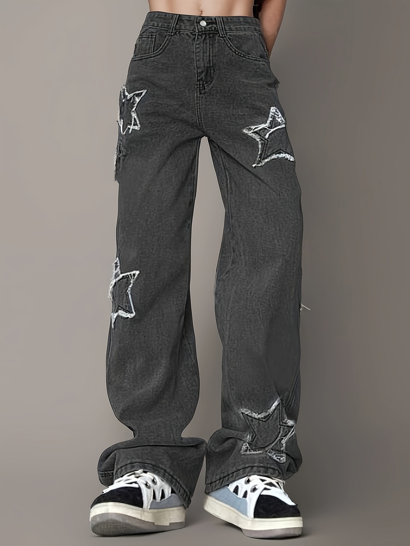 Jeans Retos Lavados Com Estampa De Estrela Calças Jeans Com - Temu Portugal