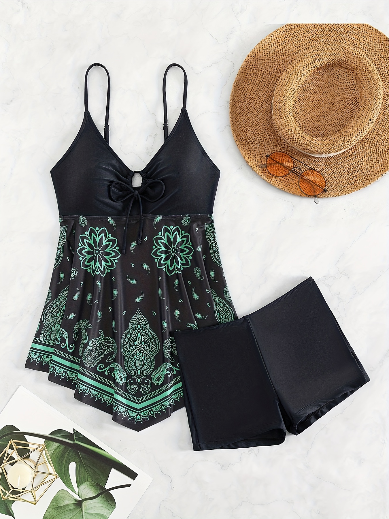 Spaghetti Strap Black Lace Tankini Set