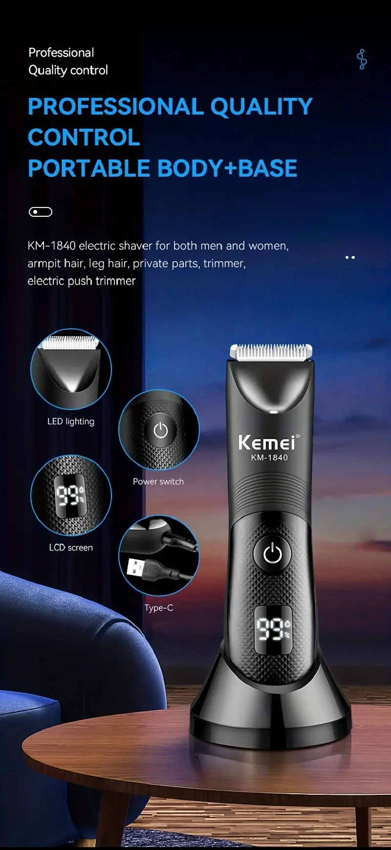 kemei body groin hair trimmer for men replaceable ceramic blade heads waterproof wet dry clippers led light and standing dock ultimate male hygiene razor and electric body shavers for balls details 3