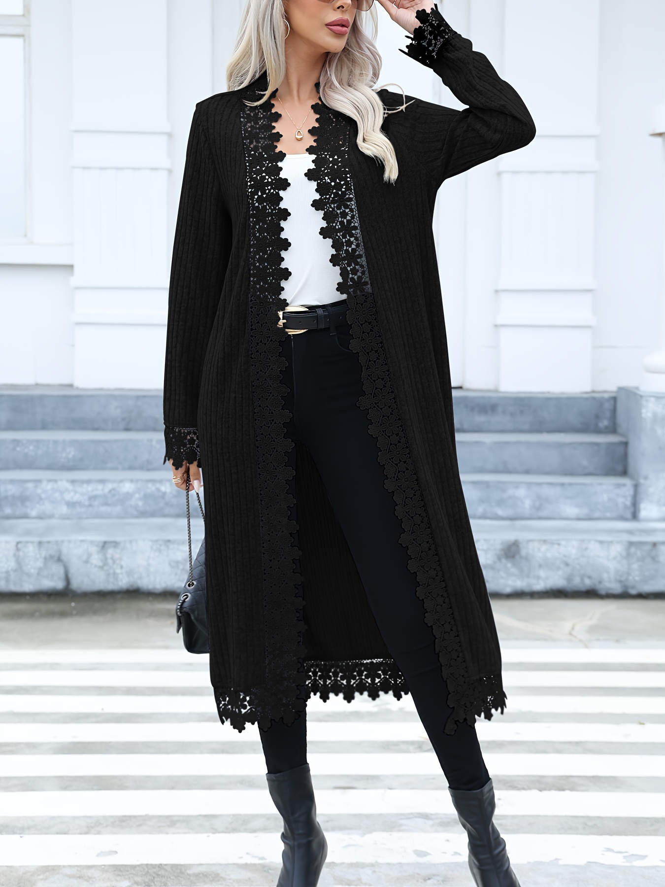 Women's black lace long-sleeved cardigan offers