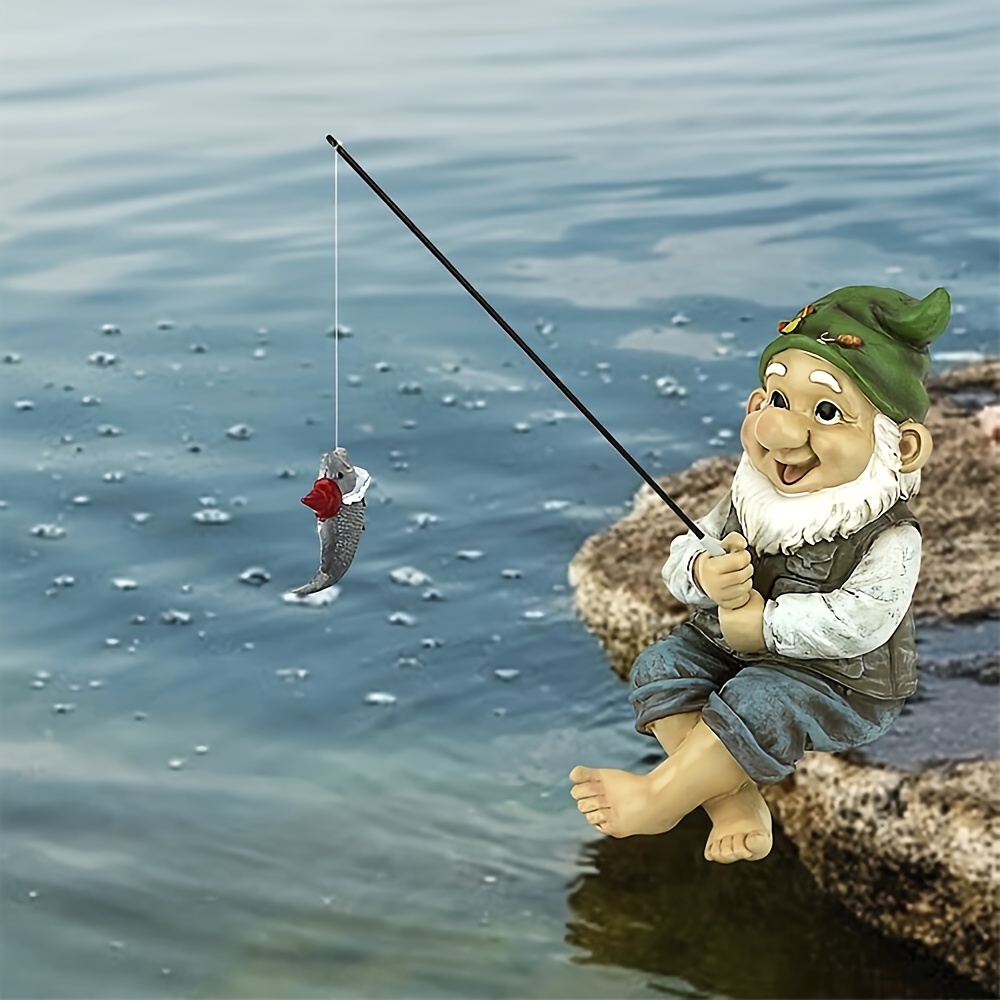 Fisherman Resin Figurines Fishing Old Man Garden Pool Statue Planter