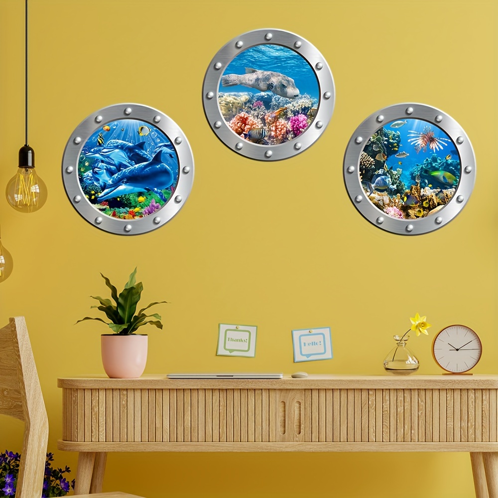 Vinilo decorativo 3D de océano para pared, diseño de delfín, impermeable,  extraíble, paisaje marino, para baño, dormitorio, sala de estar, decoración