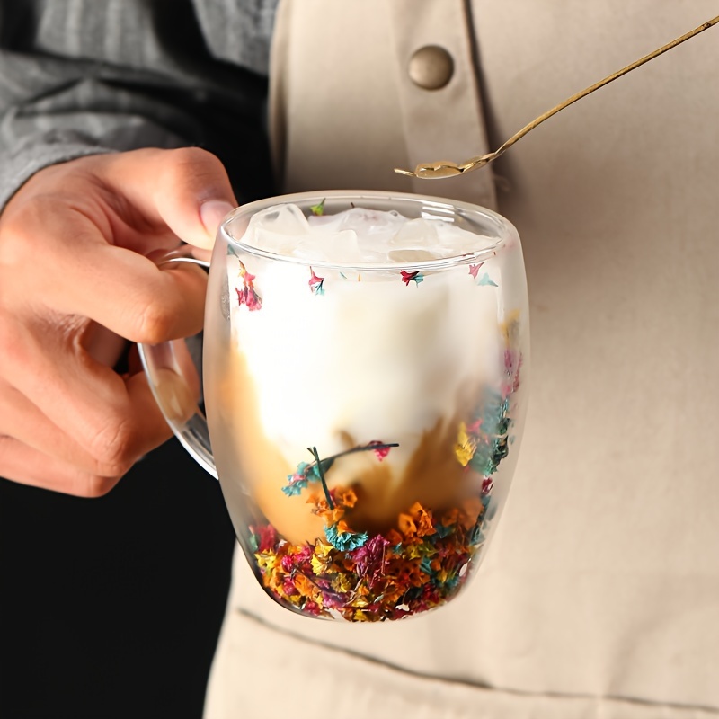 Mug en verre à double paroi original et créative avec fleurs séchées-300ML