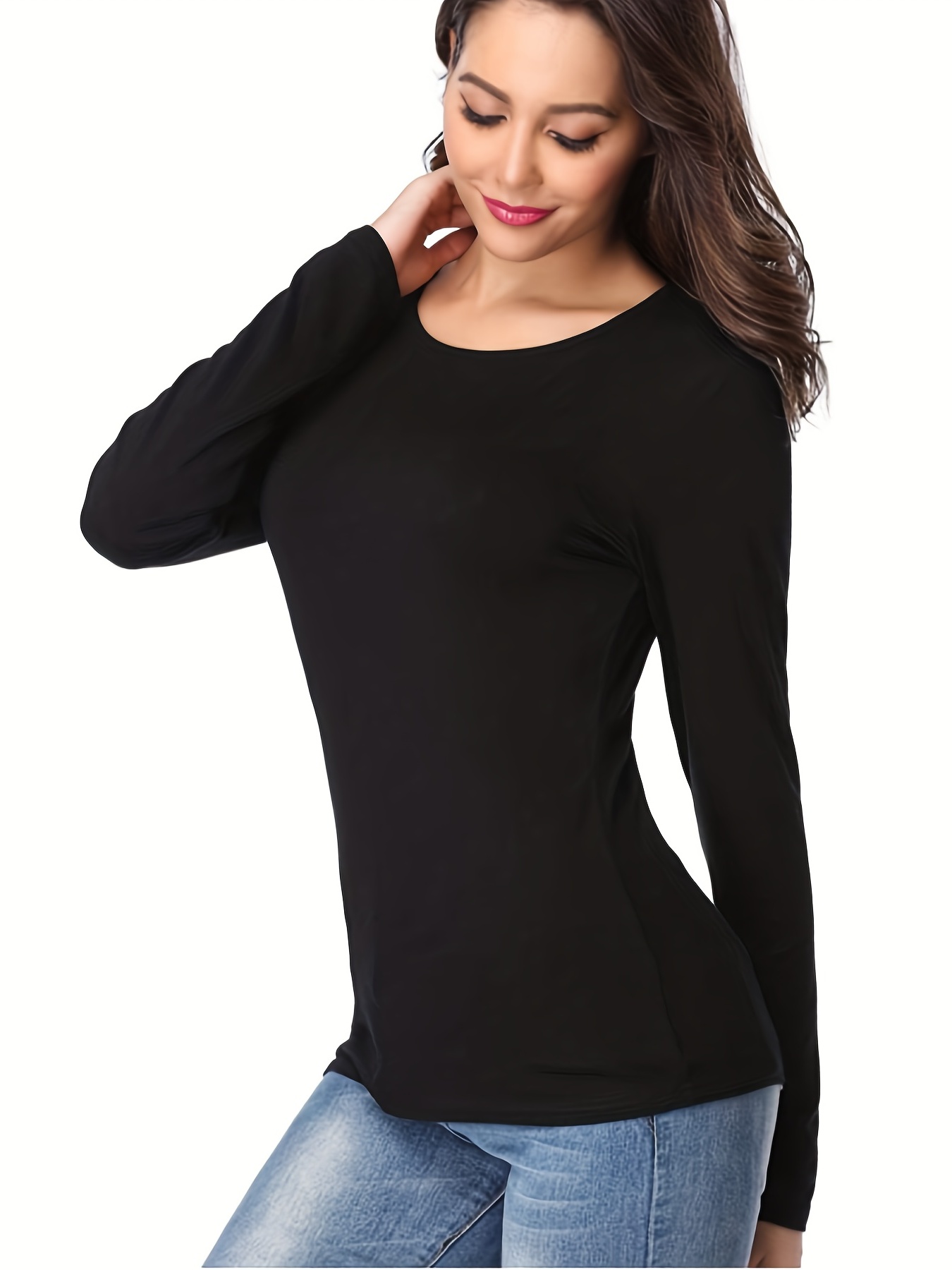 solid crew neck t shirt casual long sleeve lim top for spring fall womens clothing black 2