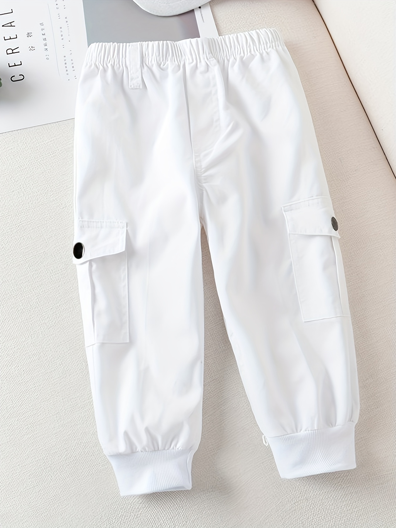 Girls Cotton Solid Cargo Pants, Elastic Waist Jogger Pants With Large Side  Pockets Kids Clothes
