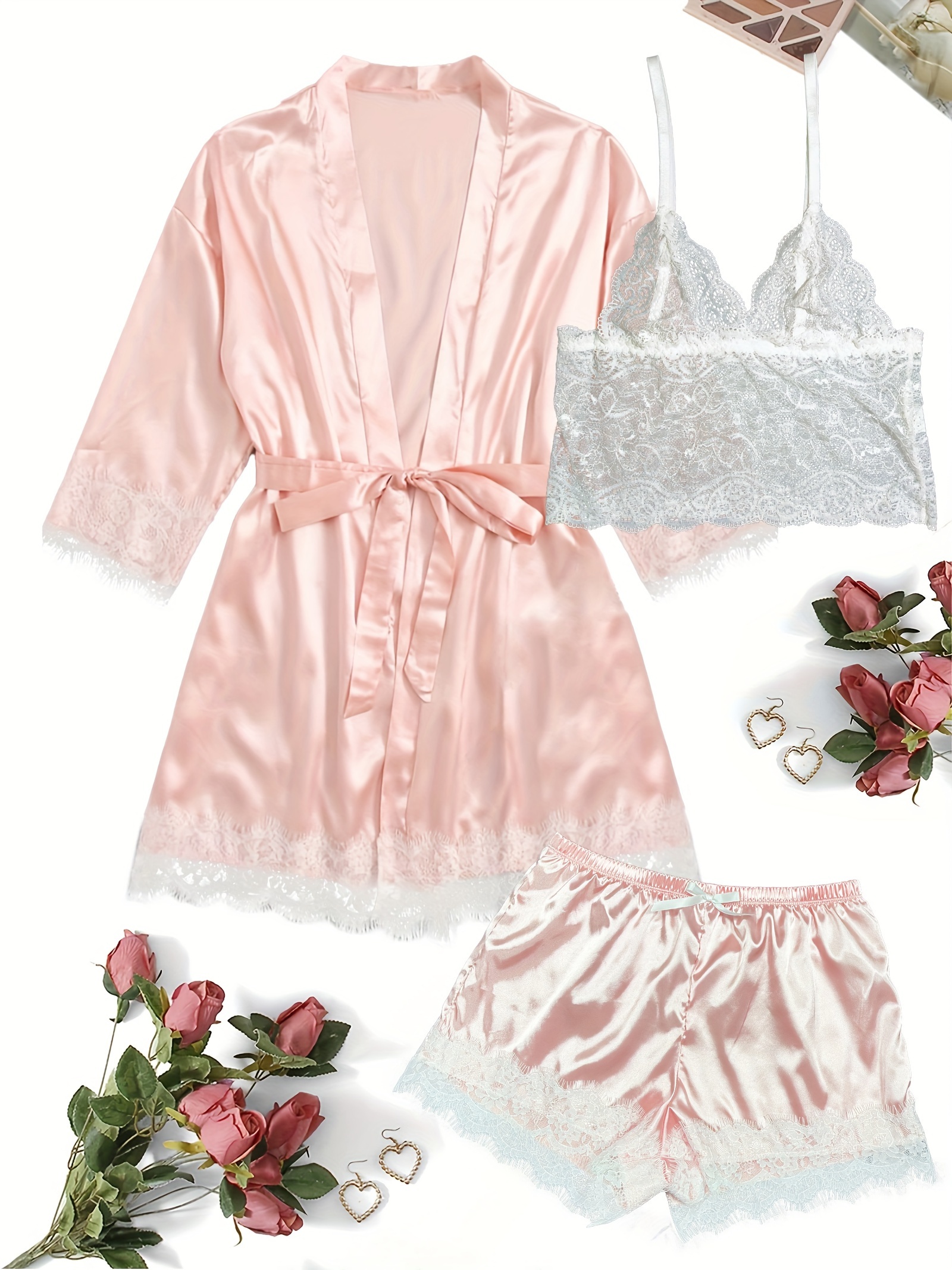 Lace V neck Pajama Set Romantic Lace Trim Satin Top Skirt Pj - Temu