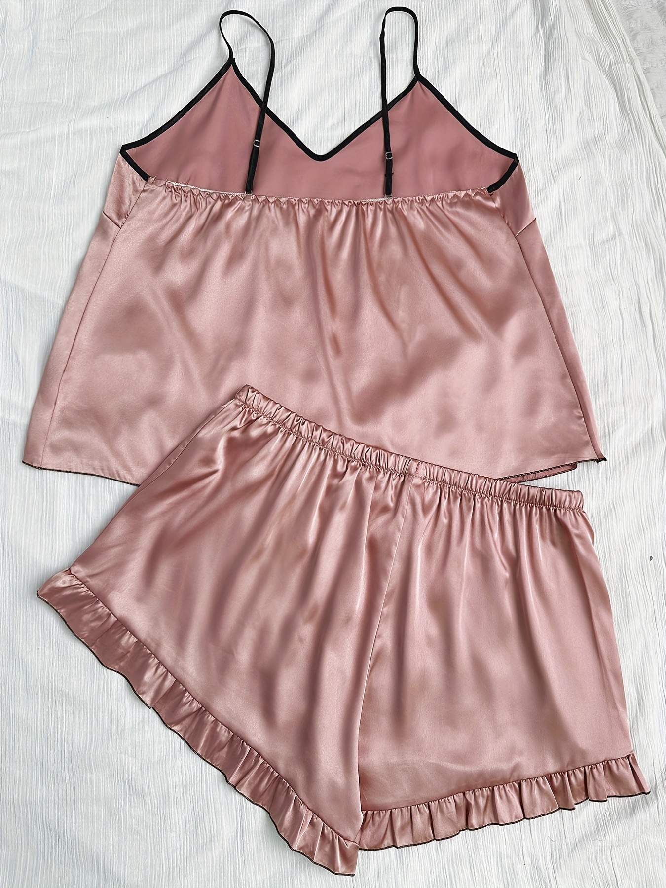 Pale Pink Ruffle Hem Satin Bralette & Short Pj Set