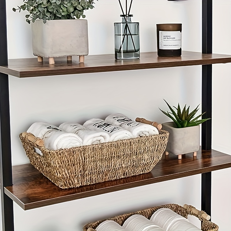 1pcs Decorative Water Hyacinth Wicker Storage Basket with Wooden Handles -  Multipurpose Plant and Sundries Organizer for Bathroom, Bedroom, and Living