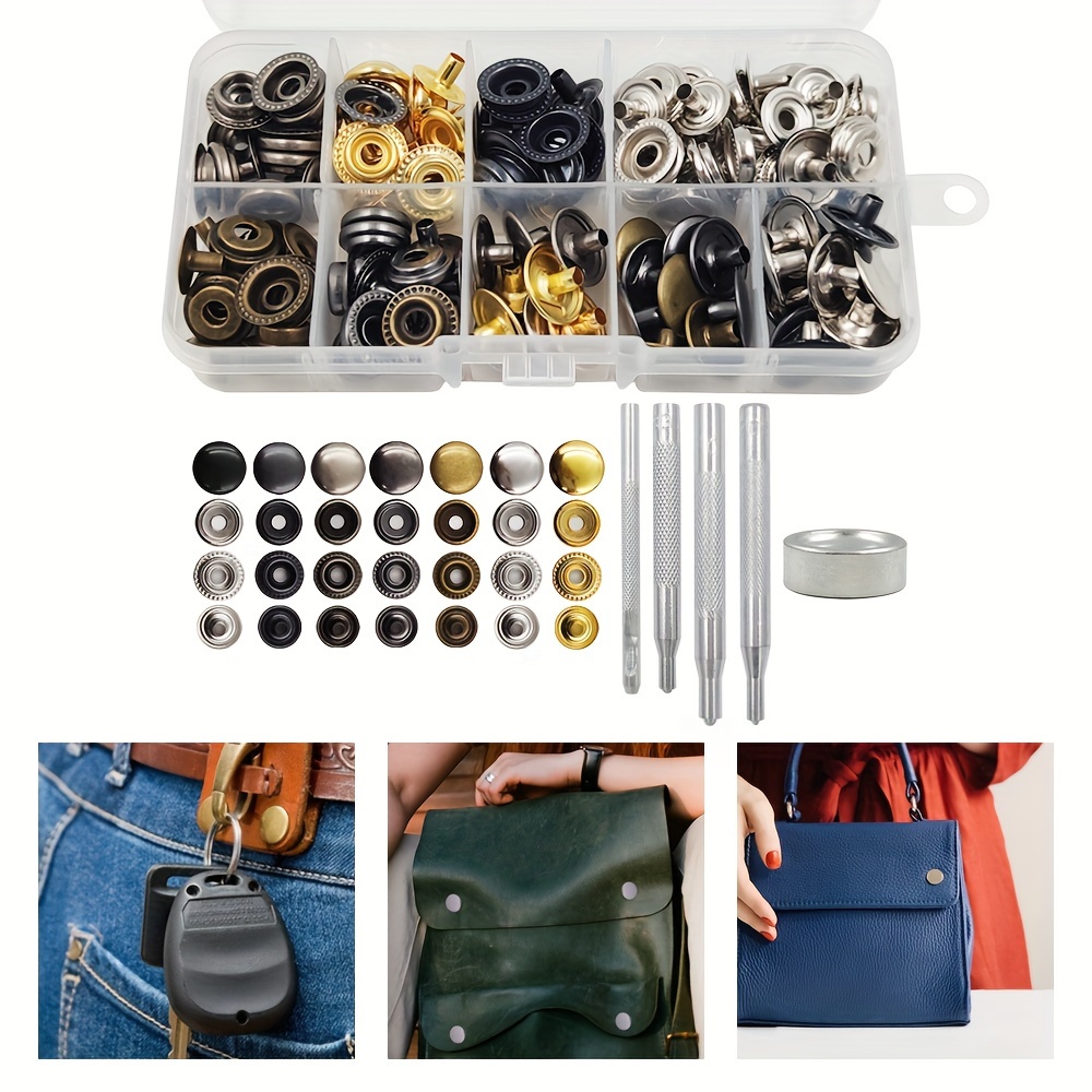 120pcs Set Leather Snap Fasteners Kit, 12.5mm Metal Button Snaps Press  Studs With Hollow Punch, Setter Base, Hole Punch, Hammer, 6 Color Leather  Snaps