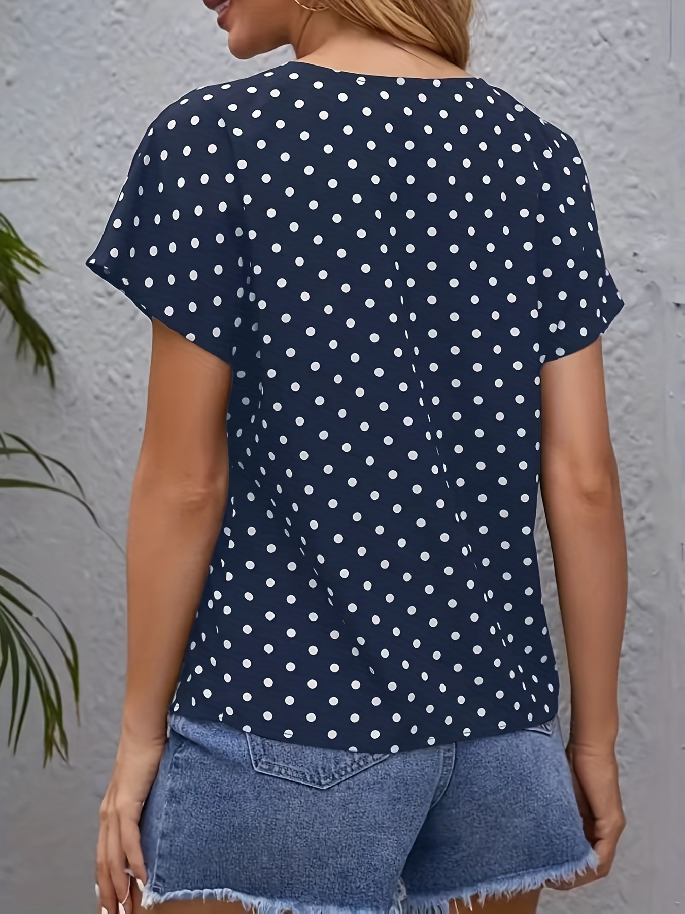 Women's Loose Casual Short Sleeve Top Navy Blue and White Polka