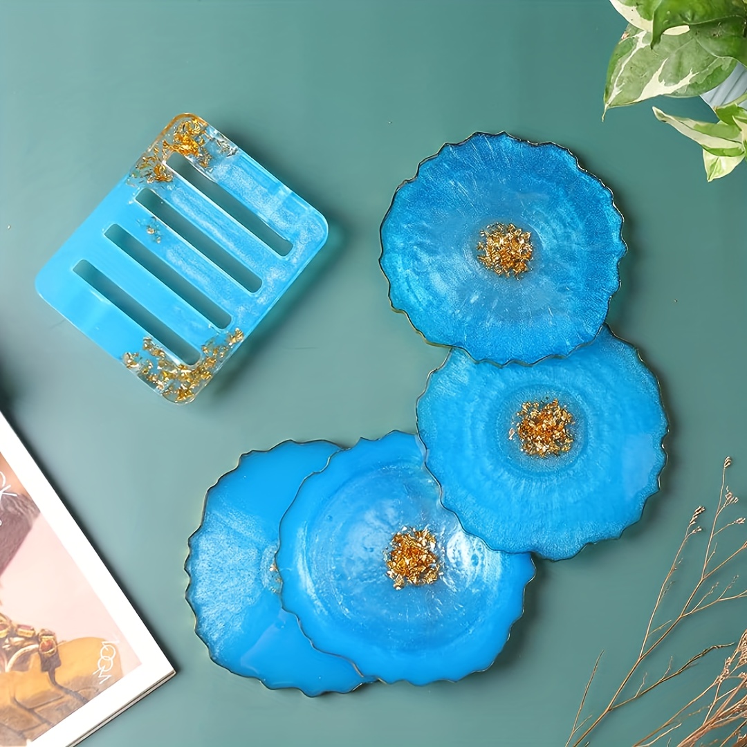 Resin Coaster Molds for Epoxy Resin,4pcs Geode Coaster Mold with Holder  ,Silicone Molds for Resin Casting