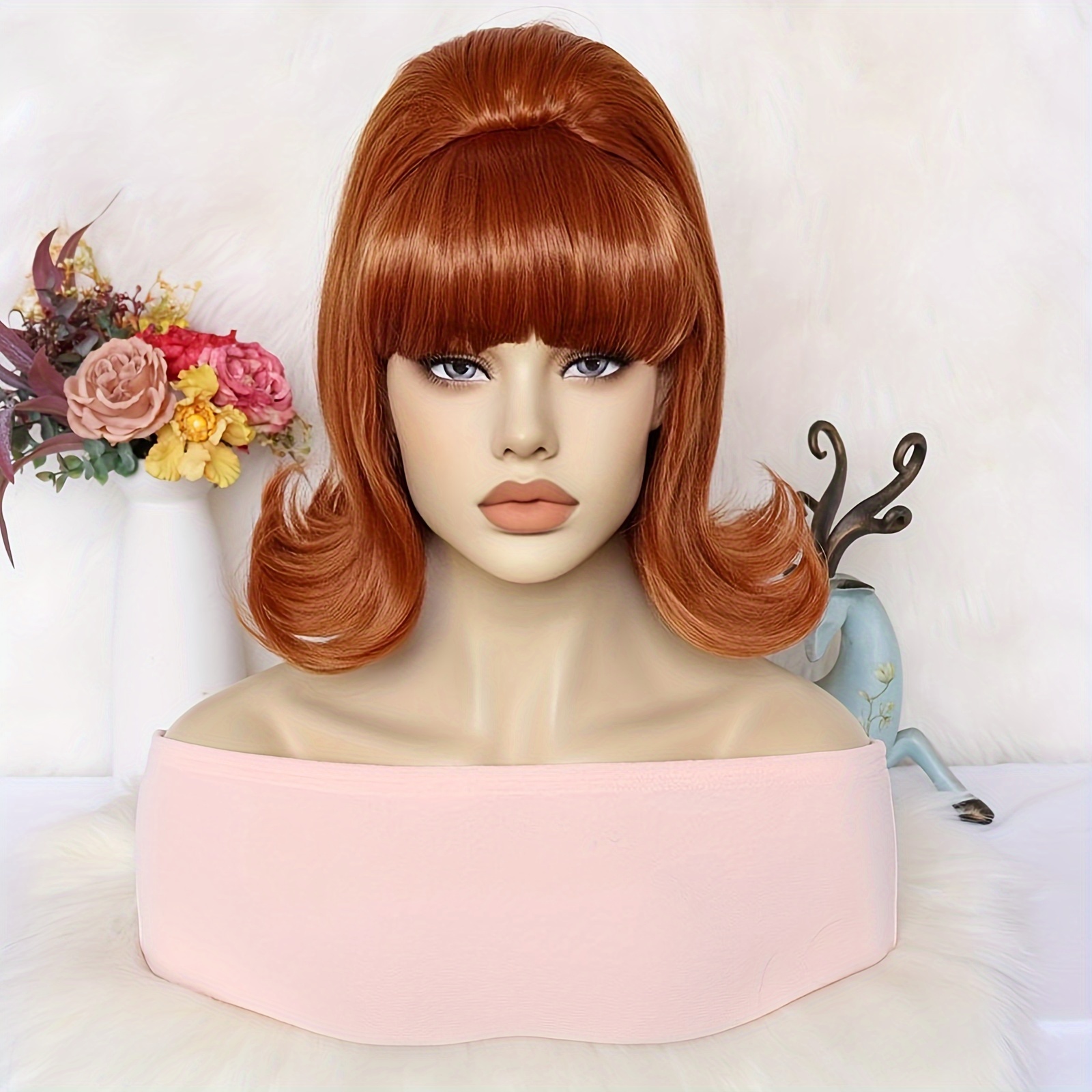 

Synthetic Hair Short Curly Copper Red Blonde Beehive Flip Wigs For Women Music Festival